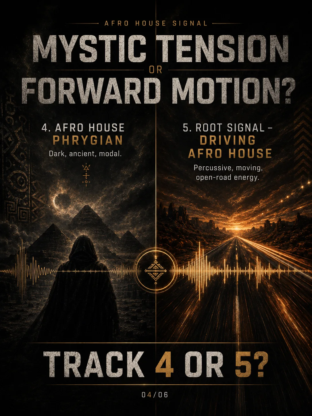 Root Signal Afro House campaign poster contrasting mystic tension and forward motion